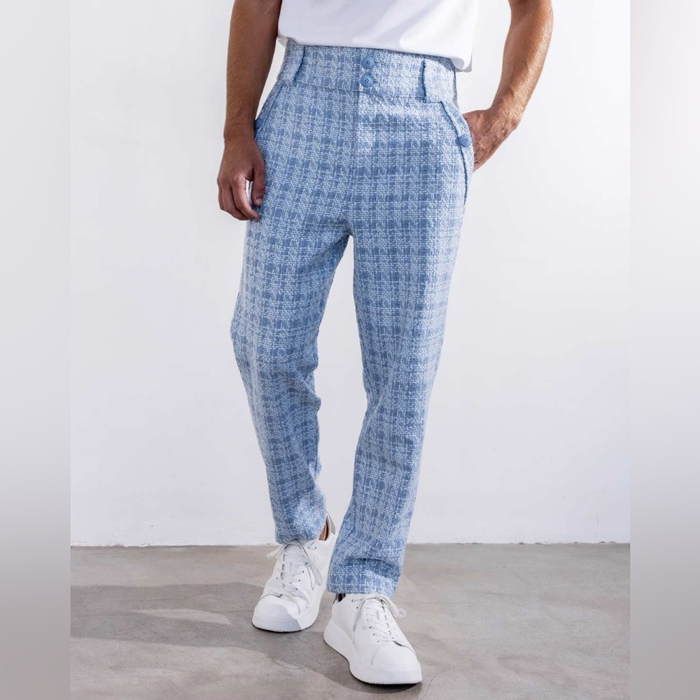 ORTTU Giovanni Light Blue Plaid Men's Dress Pants